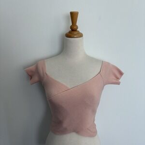 Debut Womens Top Pale Pink Wrap Front Stretchy Short Sleeve V Neck Minimalist